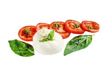 Mozzarella burrata salad with basil leaves and tomatoes.  Isolated, Transparent background.