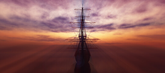 old ship sunset at sea 3d rendering - obrazy, fototapety, plakaty