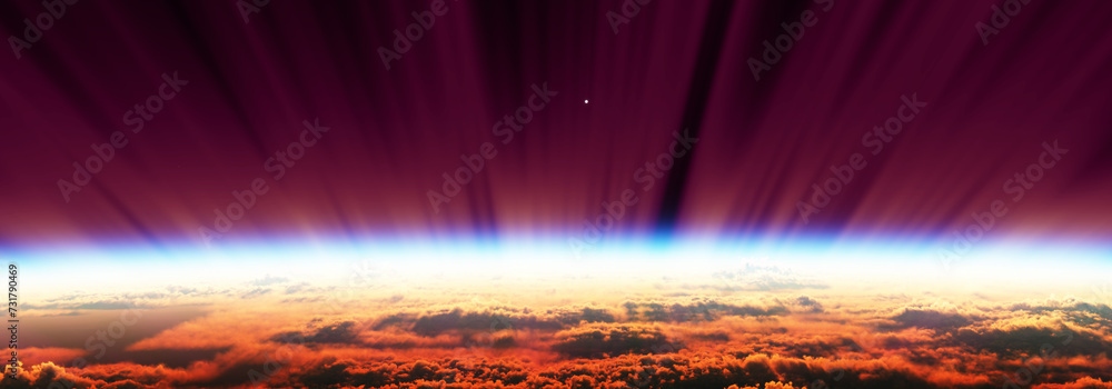 Sticker sunrise from space aurora, 3d rendering