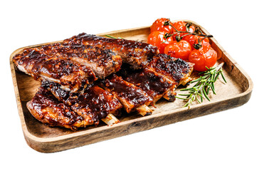 Roasted sliced barbecue pork ribs. Grilled meat.  Isolated, Transparent background.
