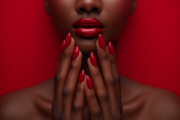 African American woman with long nails and red manicure wears bright red lipstick against red wall - obrazy, fototapety, plakaty