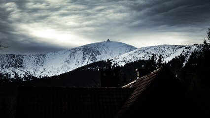 Śnieżka Mountain in the Karkonosze Mountains in snow.