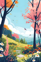 Creative illustrative landscape with blue sky, trees, flowrs and green nature colors. Spring concept art