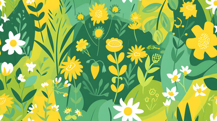 Fototapeta na wymiar Illustrative background of colorful yellow spring daisy flowers on the green background. Summer concept art