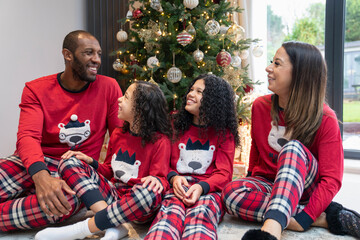 Portrait of smiling parents with two daughters in front of Christmas tree