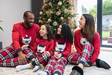Portrait of smiling parents with two daughters in front of Christmas tree