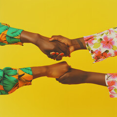 Two hands holding each other in a circle on yellow background. Minimal partnership concept