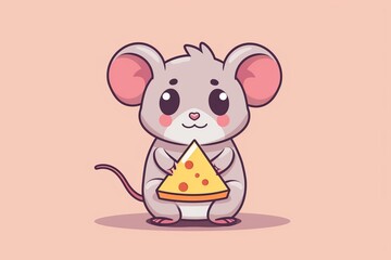 Adorable cartoon mouse happily munching on cheese, depicted in a charming flat logo icon with big eyes and a playful demeanor