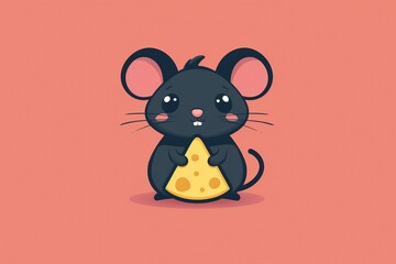 Adorable cartoon mouse happily munching on cheese, depicted in a charming flat logo icon with big eyes and a playful demeanor