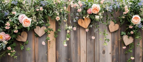 Fototapeta na wymiar Vintage wedding backdrop adorned with blooming flowers and wooden hearts on weathered wood backdrop.