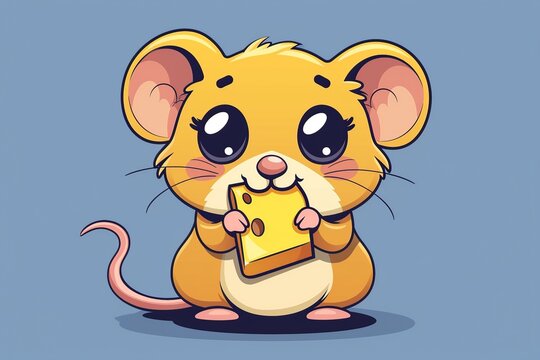 Adorable cartoon mouse happily munching on cheese, depicted in a charming flat logo icon with big eyes and a playful demeanor