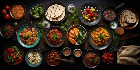 Ramadan kareem Iftar party table top view shot , assorted festive traditional arabic dishe