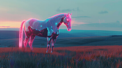 Cyber horse avatar showcasing the latest in equestrian gear against a digital landscape of rolling hills. - obrazy, fototapety, plakaty