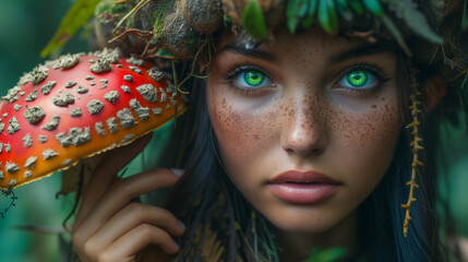 Portrait of a woodland female elf with mushrooms. (AI generated) - obrazy, fototapety, plakaty