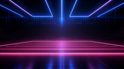 Luminescent Twilight: 3D Rendered Empty Stage and Neon Lines in the Dark Room, Conjuring a Captivating Fusion of Minimalistic Elegance, Techno Aesthetics, and Illuminated Spatial Ambiance