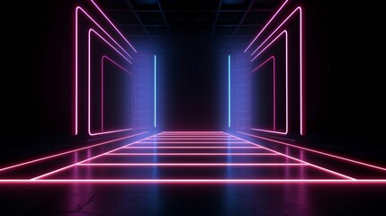 Digital Reverie: A Virtual Exploration of a 3D Rendered Empty Stage, Illuminated by Neon Lines in a Darkened Space, Unfolding an Immersive Tapestry of Modern Theatrical Minimalism and Futuristic 