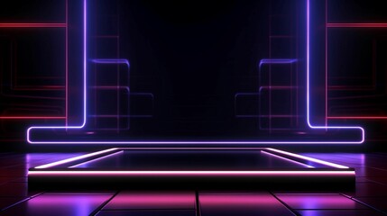 Neon Nocturne: A Cinematic Exploration of an Empty Stage, Awash in the Glow of Neon Lines within a Dimmed Ambiance, Conveying a Visual Sonata of Modern Theatrical Minimalism and Sublime Radiance - obrazy, fototapety, plakaty