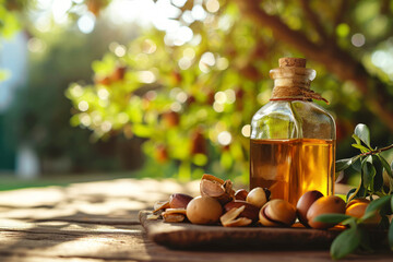 Argan oil in a glass bottle with kernels on wooden table with blurred argan trees background with space for text. Organic hair and skin care and wellness concepts