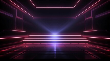 Ethereal Reverie: The Poetic Stillness of an Empty Stage, Embraced by Neon Lines in a Darkened Theatre, Conveying a Spellbinding Narrative of Contemporary Theatrical Minimalism and Luminous Silence