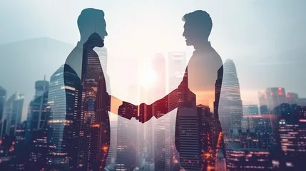Foto op Plexiglas Double exposure image of business people handshake on city office building in background showing partnership success of business deal. Concept of corporate teamwork, trust partner and work agreement. © 思源 蒋