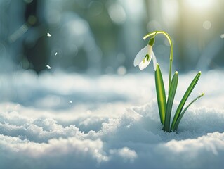 A snowdrop appeared from under the snow, a blurred background