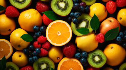 Variety of fresh juicy tropical fruits background. Splash of vitamins. Healthy and tasty diet. Generative AI