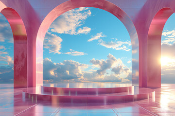 3d render of product display podium with pink archway and cloudy blue sky.