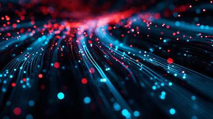 Abstract view of various IT data cables inside a computer conveying information. Dark color palette. Generative AI