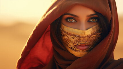 arabic woman in chador with sand desert on background