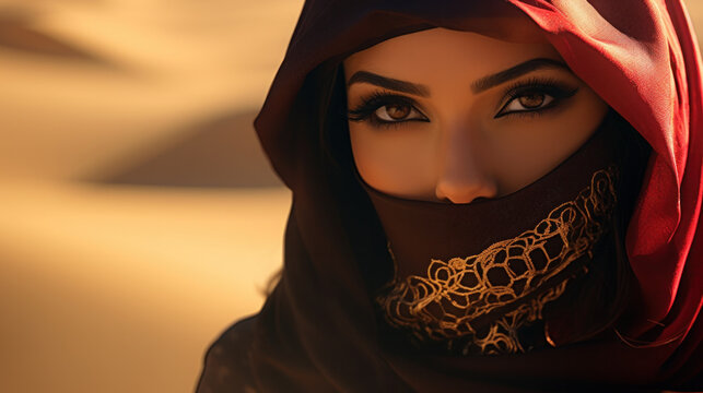 arabic woman in chador with sand desert on background