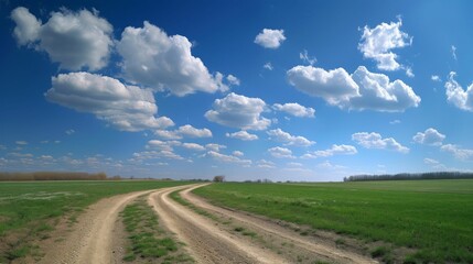 Obraz premium Blue sky and cotton-like clouds above a faint horizon, spring's breath
