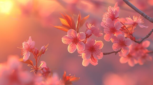 Dawn breaking behind cherry blossoms against a pink sky