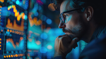 Close-up male financial analyst with glasses focused on data visualizations on a computer screen with light reflecting into the glasses. Business concept.