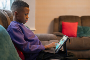 Boy with laptop sitting on sofa