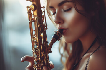 Photo of a woman showing love to music saxophone - obrazy, fototapety, plakaty