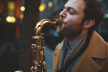 Photo of happy male showing love to music saxophone - obrazy, fototapety, plakaty