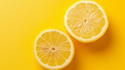 Lemon halves on pastel yellow, fresh citrus burst, top view