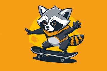 Charming flat logo featuring a cute raccoon confidently skateboarding and flashing a metal hand gesture, epitomizing animal athleticism and style