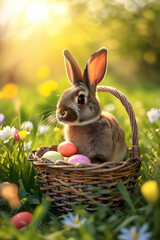 Fototapeta na wymiar Easter rabbit and basket full of colorful Easter eggs and spring flowers on a meadow with sun shining.
