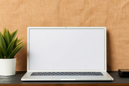 Laptop mock up with white screen on the table with plant on background.