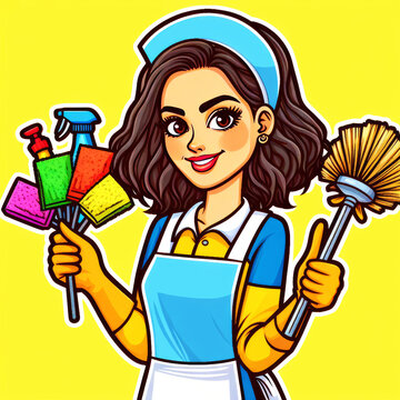 Person ready to clean is holding a variety of colorful cleaning products. Gloves, an apron, a brush, a mop, a cleaning agent, a natural cleaning. AI Generative.
