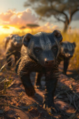 Honey badgers in the savanna in the evening with setting sun shining. Group of wild animals in nature.