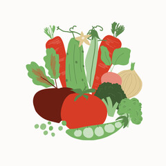 Vegetable trendy creative cjlorful poster. Hand drawn, flat scandinavian style, manual art. Healthy nutrition, organic food. Vector illustration