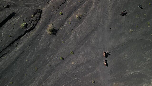 Aerial view of people walking with their horses in the volcanic field near Paricutin volcano, Mexico