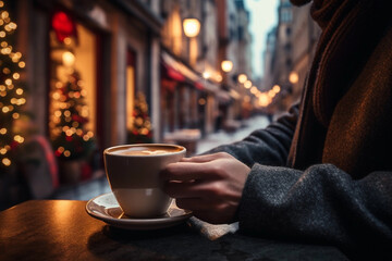 Hands close up holding coffee cup in street cafe.  - obrazy, fototapety, plakaty