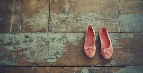 Ballet shoes in soft pink, minimalist art on vintage wood