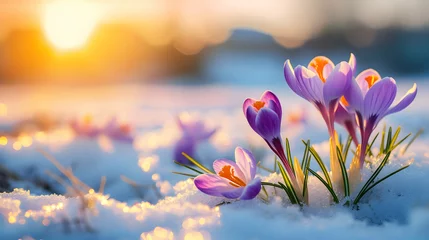 Rolgordijnen Colorful crocus flowers and grass growing from the melting snow and sunshine in the background. Concept of spring coming and winter leaving. © linda_vostrovska