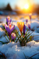 Colorful crocus flowers and grass growing from the melting snow and sunshine in the background....
