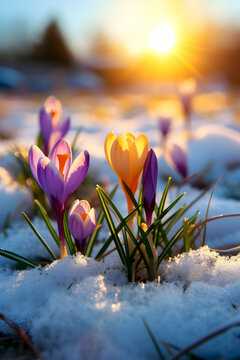 Fototapeta Colorful crocus flowers and grass growing from the melting snow and sunshine in the background. Concept of spring coming and winter leaving.