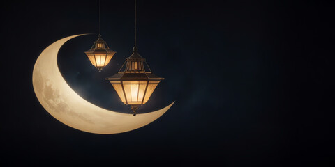 islamic copy space banner with glow crescent moon and lantern ai generated